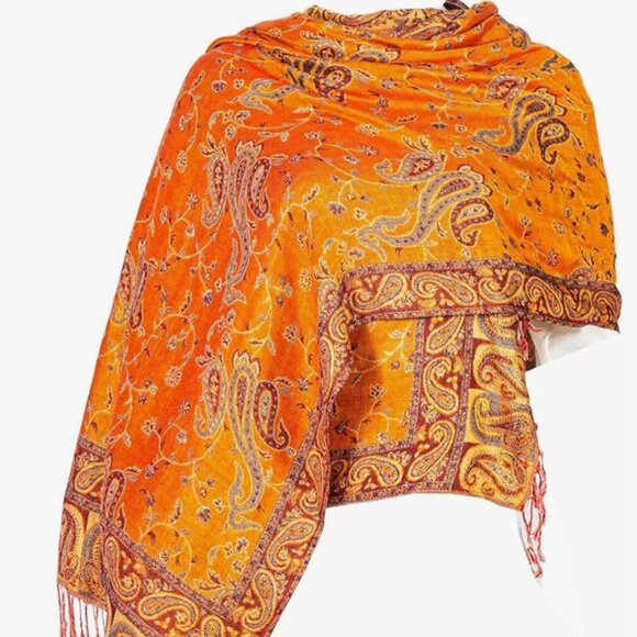 Reversible Orange Red Pashmina Shawl Wrap for Women, Fall Scarf, Bridesmaid Gift - Picture 4 of 7